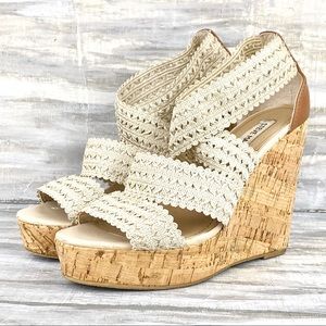 Steve Madden Crochet Platform Cork Wedge Elston Natural Lace Strappy Sandal 8.5